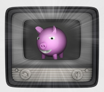 粉红色的猪在复古电视和火光