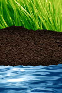 绿色的草地,棕色土壤和蓝色水照片