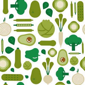绿色蔬菜图标无缝的图案与平面动画片食品符号。健康饮食或均衡营养概念背景。包括鳄梨胡椒洋葱和花椰菜