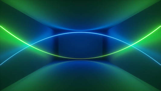 3d 渲染, 激光显示, 夜总会室内灯, 绿色蓝色抽象荧光背景, 发光曲线