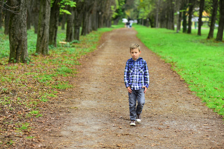 小男孩独自沿着小径行走照片