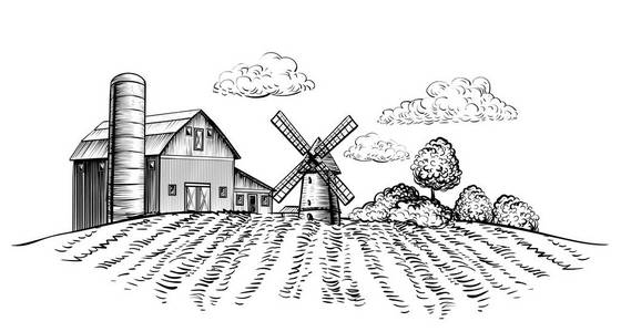 农地农场和风车在农业领域在农村风景手绘素描风格水平插图