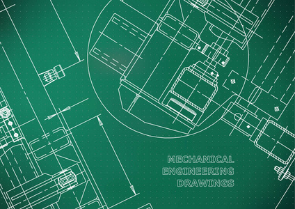 机械工程制图。蓝图.力学.封面, 背景, 横幅。浅绿色。点