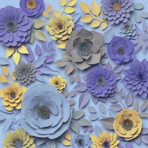 3d 渲染, 数字插图, 纸玫瑰花, 花墙装饰, 植物背景, 柔和的紫罗兰色和黄色