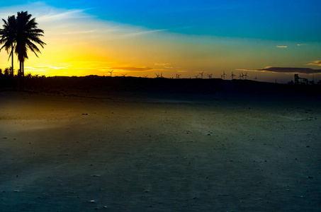 日落海滩风景用风车
