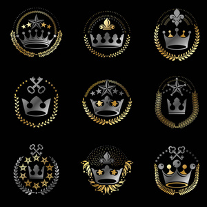 皇家皇冠标志设置。纹章徽章装饰标志孤立的矢量插图合集
