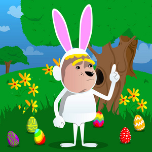 男孩打扮成复活节兔子做一个点。矢量卡通人物插画