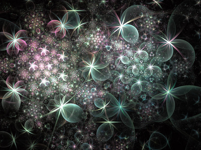 柔和的发光层状花瓣图案。闪光效果, 计算机生成, 分形抽象背景。奇幻花卉设计