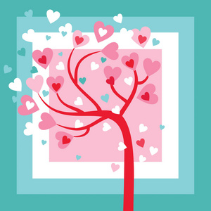 爱的树与心在蓝色, 粉红色和红色在正方形背景