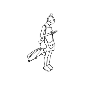 带旅行袋的妇女使用手机矢量插画素描手绘黑色线在白色背景下分离