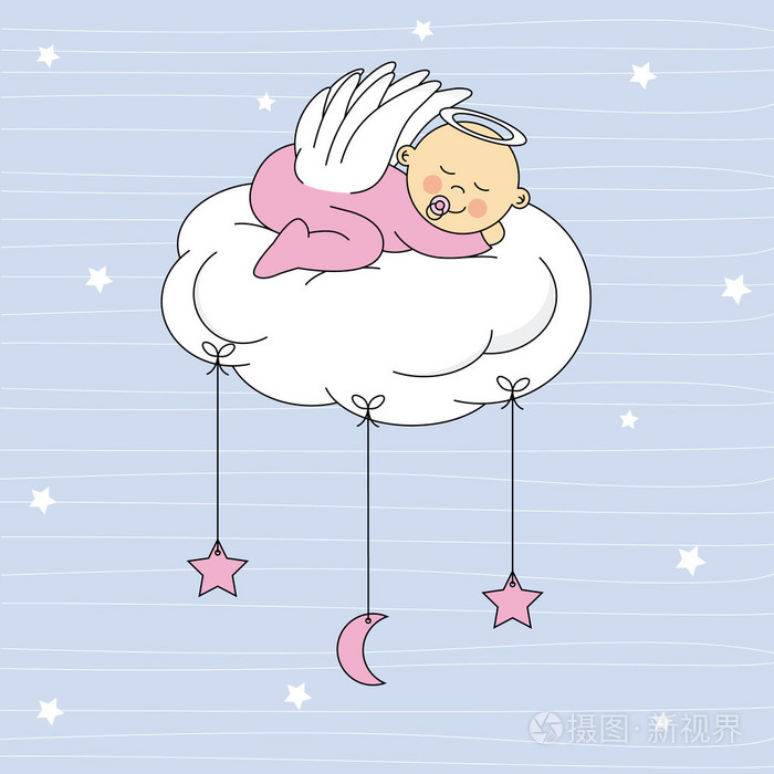 小男孩穿好衣服的天使睡在云上
