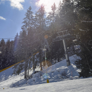 Chairlift 在意大利滑雪区积雪覆盖的阿尔卑斯山和松树上