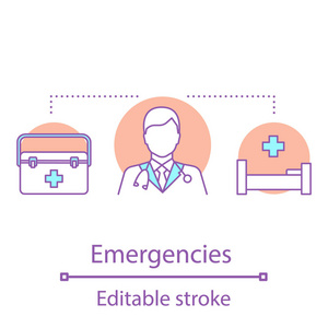 紧急概念图标。医学和医疗保健的想法薄线例证。救护车。紧急医生电话