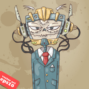 商人靠工业机器齿轮运转具有各种视图的动画的机器人字符鹦鹉 应声虫