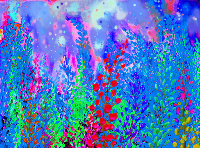 水彩画多彩的抽象花卉与绿色假期