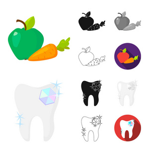 牙科护理卡通, 黑色, 平面, 单色, 轮廓图标在集合中设计。牙齿的关怀矢量符号股票 web 插图