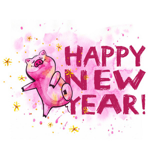 可爱的猪与创意2019新年刻字。中国日历中的年份符号。孤立。水彩插图