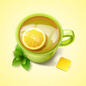 绿色杯茶与柠檬和 min