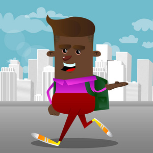 男孩拿着白色高大的盒子.矢量卡通人物插画照片