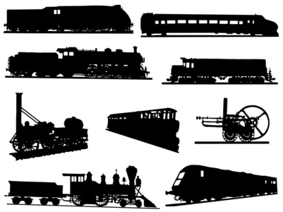集合的发动机和火车的剪影