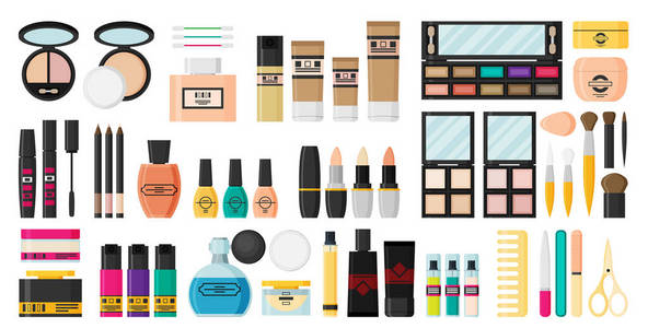 化妆工具和化妆品的矢量平面设计