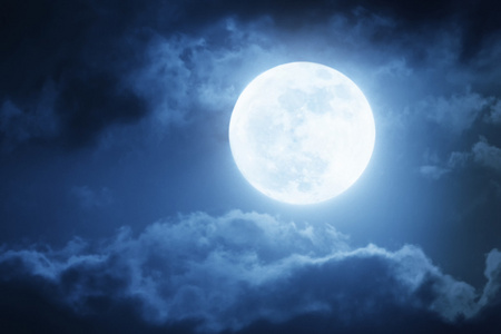 戏剧性的夜间云层和与大满月的天空背景