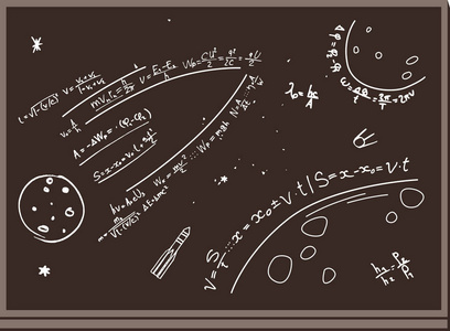 黑板。数字与粉笔。空间。公式。行星火箭棕色背景。矢量插图