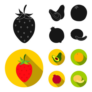 草莓, 浆果, 鳄梨, 橙, 石榴。水果集合图标在黑色, 平面式矢量符号股票插画网站
