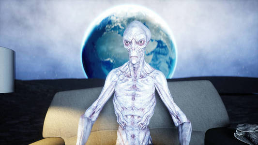 滑稽的外星人在月亮上的沙发上看电视.生活在月球上的概念.地球背景.