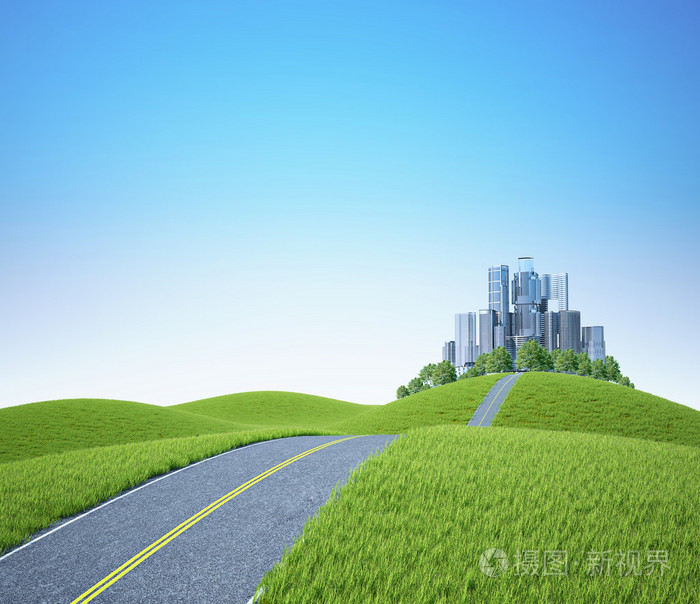 与树和城市景观背景景观-绿色丘陵