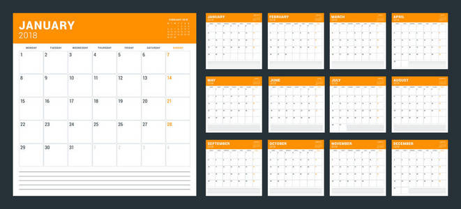 日历规划师2018年。星期从星期一开始。矢量设计打印模板