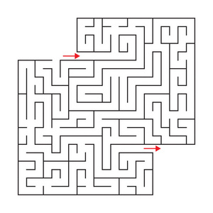 矢量平方米迷宫的入口和出口。用红色箭头画的黑色和白色