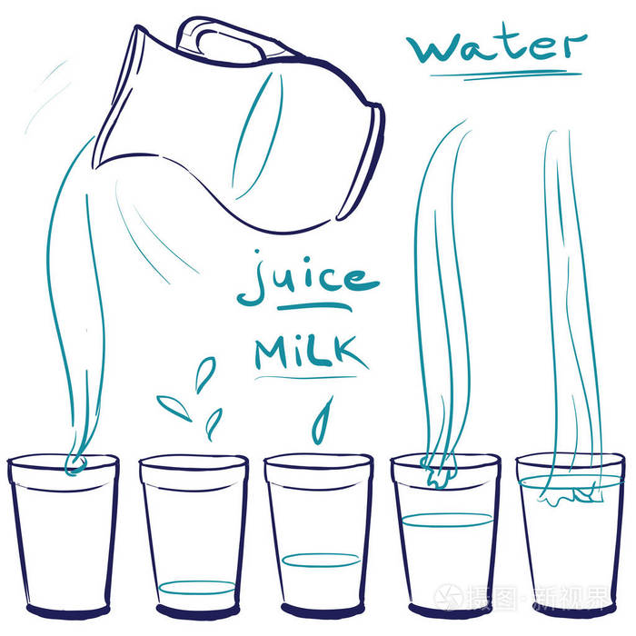 设置涂鸦图标-蓝色水壶和眼镜与饮料-牛奶, 笏插画-正版商用图片06ll