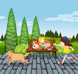 儿童与宠物在公园插图