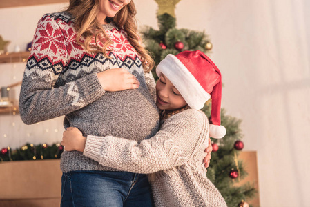 女儿在圣诞老人帽子拥抱怀孕的母亲在家里附近圣诞树的裁剪图像