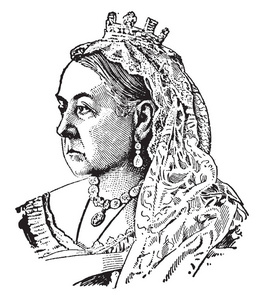 这张图片显示了英国女王的老年形象, 复古线条画或雕刻插图照片