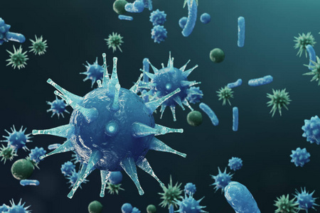3d 插图病毒 backgorund。病毒流感, 肝炎, 艾滋病, 大肠杆菌, 大肠芽孢杆菌。科学和医学的概念, 减少免疫力。细