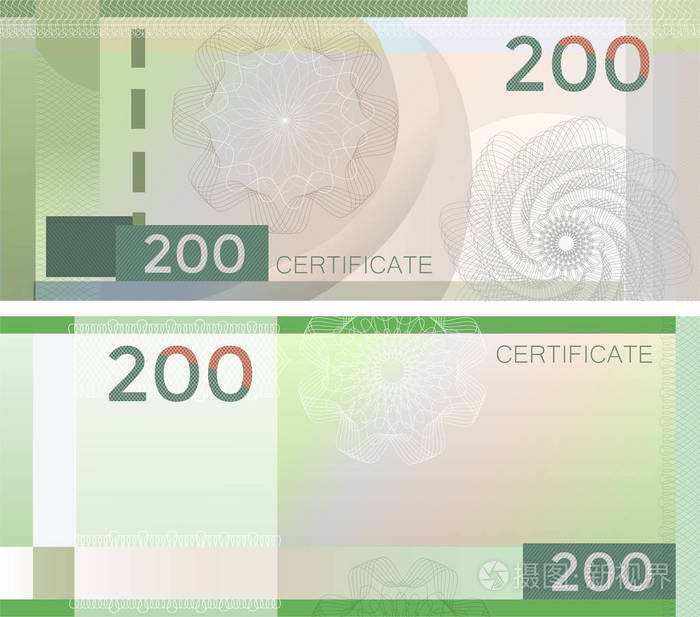 凭证模板钞票200与扭索图案水印和边框.