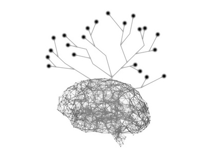 人脑的数字数据与网络连接在白色背景下以人工智能为技术概念的树结构分离, 3d 抽象插图