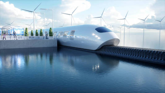 快速未来的单轨列车.科幻电台.未来的概念.人和机器人.水和风能.