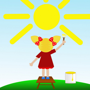 一个小女孩蓝蓝的天空上绘制一个太阳