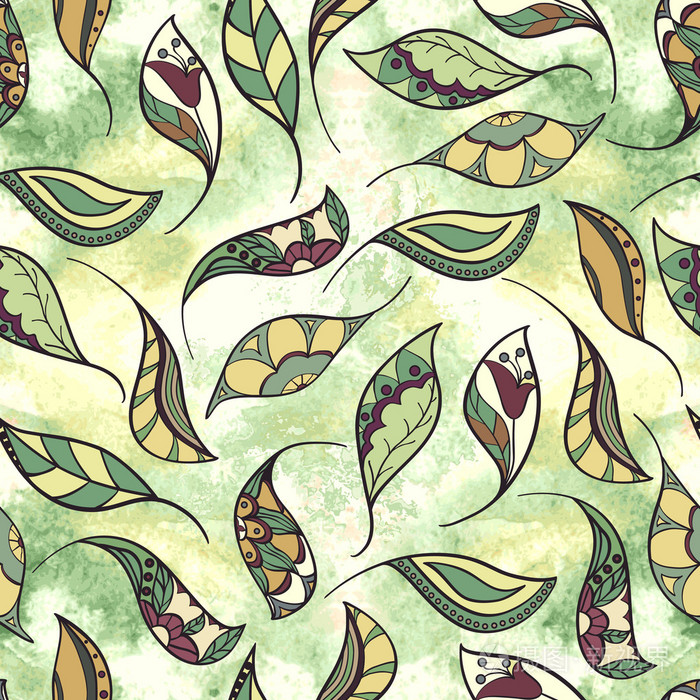 秋天叶落.抽象观赏植物叶片上水彩 seaml