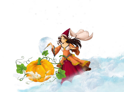 动画片场景与美丽的公主女巫迷人的南瓜白色背景-儿童例证照片