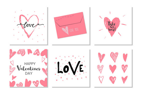 可爱的6情人节礼品卡与心和刻字爱的套装。书法手绘设计元素为印刷品海报请柬方饰。矢量