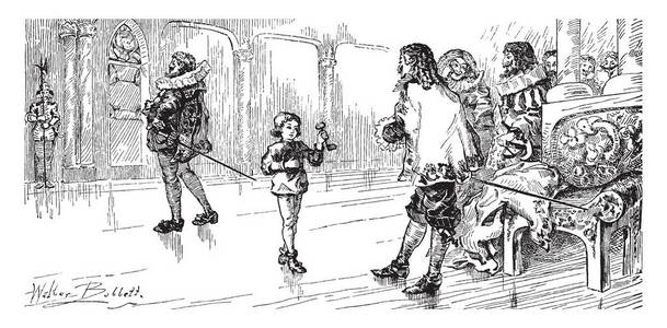 一个男孩拿着对象在手和步行朝向男人, 一群人在他们附近, 复古线条画或雕刻插图