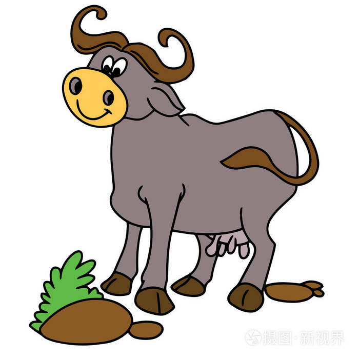 可爱的卡通水牛白色背景的儿童版画, t恤, 彩色书, 有趣和友好的性格