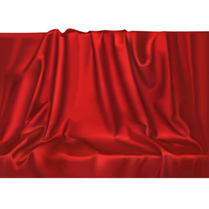 矢量奢华逼真的红绸缎纹悬垂纺织背景。优雅的织物光泽光滑的材料与波浪