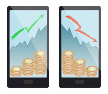 购买和销售一个 lightcoin 在一个白色的背景智能手机, 价格上涨导致硬币数量的增加, 购买硬币移动价格向上, 导