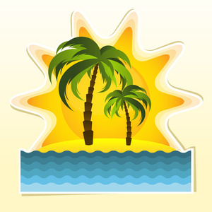 岛，两个棕榈树和太阳