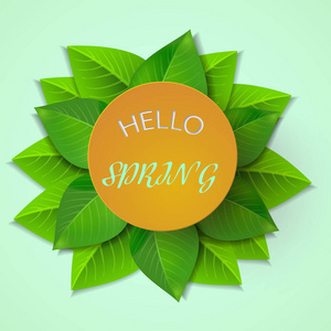 春季背景与绿叶和 s 框架。你好, 春天。矢量插图。海报传单小册子或礼券的全新模板设计
